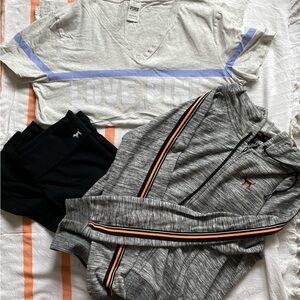 3 pc. Retro PINK Bundle: V-neck Tee, Yoga Pants & Front Zip Hoodie. Size L